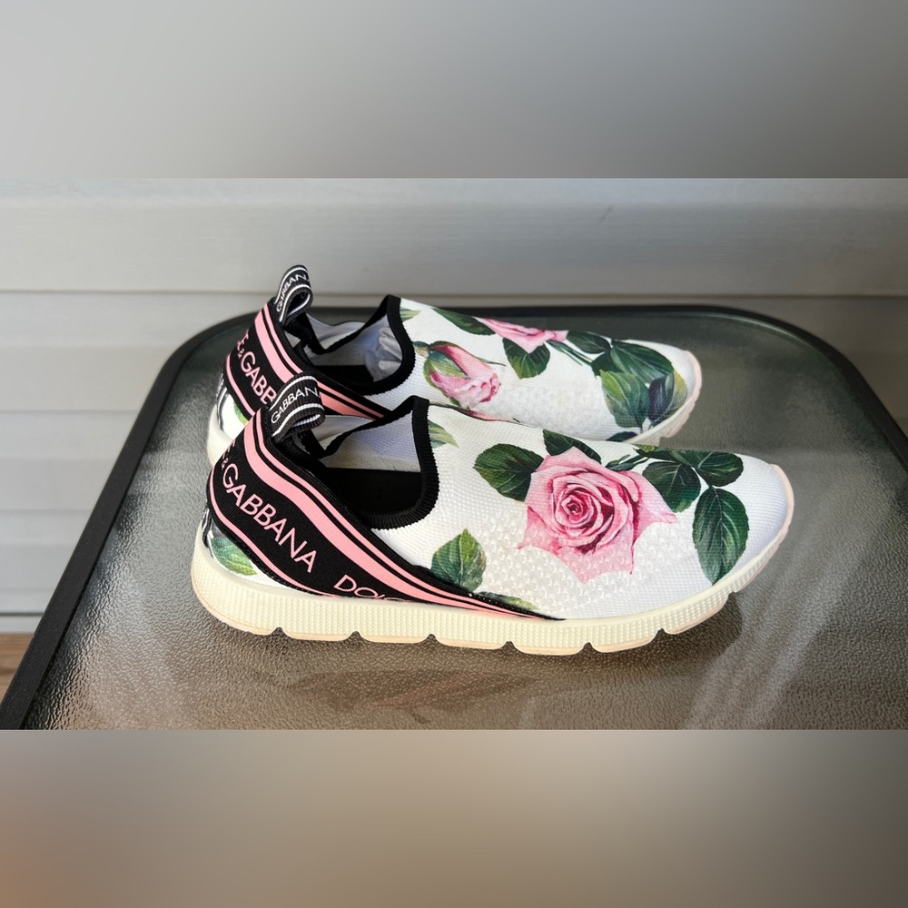 DOLCE & GABBANA Shoes White Rose Print Sorrento Sneakers Girls Sz 35 US 5 - Picture 3 of 10